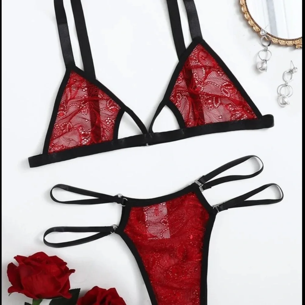 Red & Black Mesh Sheer Bra & Thong Lingerie Set - Picture 1 of 5